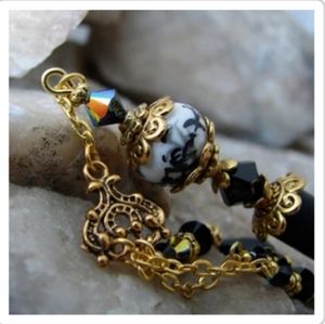 Stunning Black, White, and Gold Hair Stick with Crystal Dangle Jewelry Hairstick